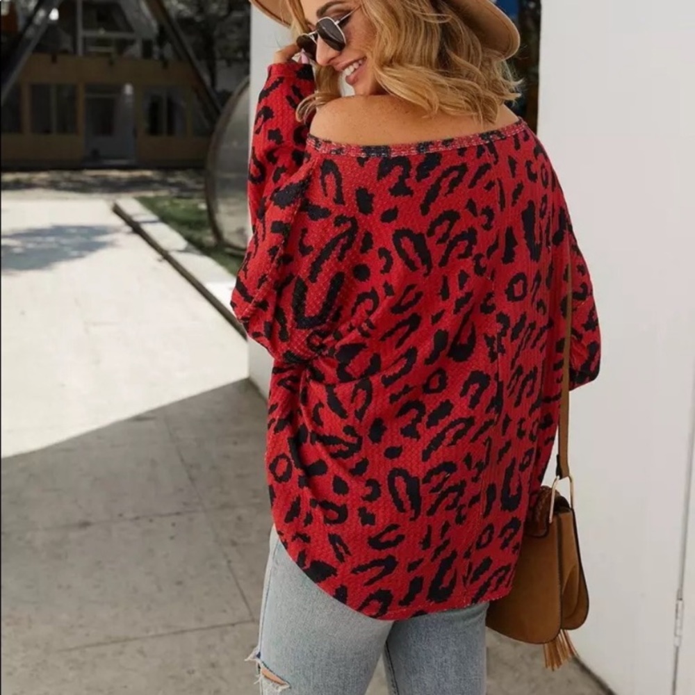 SOLD OUT CLEARANCE Red Leopard Waffle Off Shoulder Long Sleeve Top - Picture 3 of 3